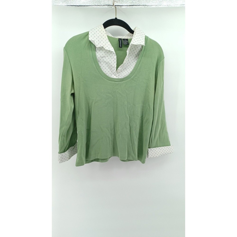 Jason Maxwell Blouse Women's Medium Green 3/4 Sleeve 1/4 button  polka Dots